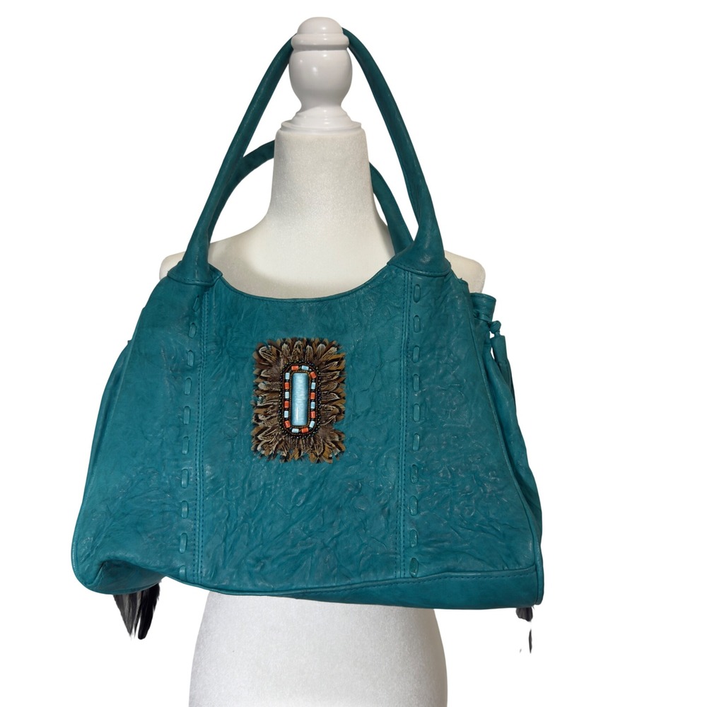 Viva of California Teal Leather Boho Fringe Feather Tote Bag Handcrafted USA NWT